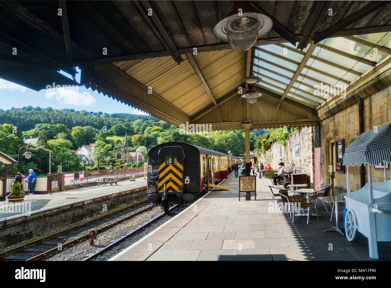 Llangollen Railway Station and River Dee, Denbighshire, Wales, UK Stock Photo
