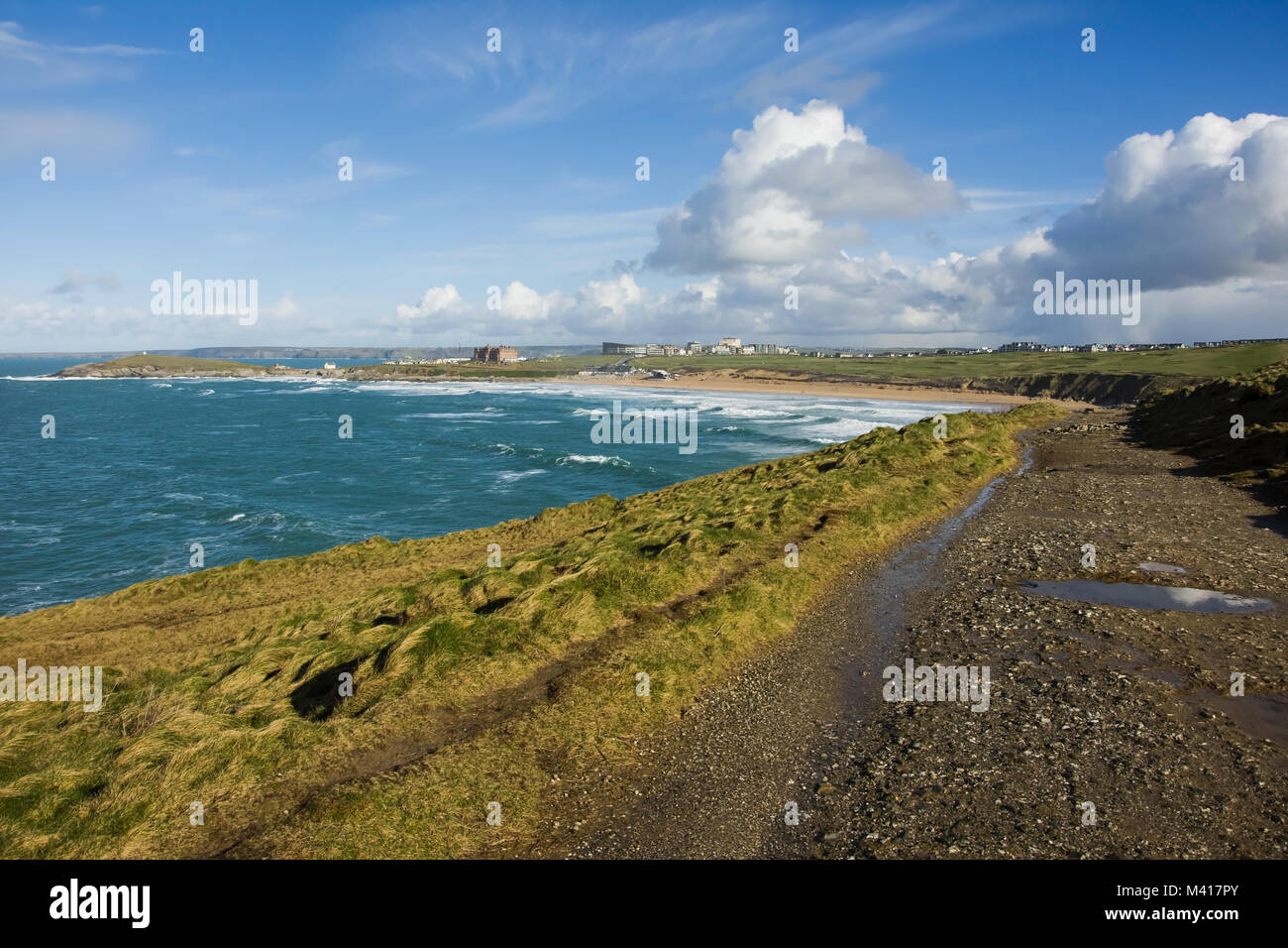 View across Fistral beach, Newquay, Cornwall. Taken while walking the path up to the Pentire headland on a very cold but pleasant afternoon. Stock Photo