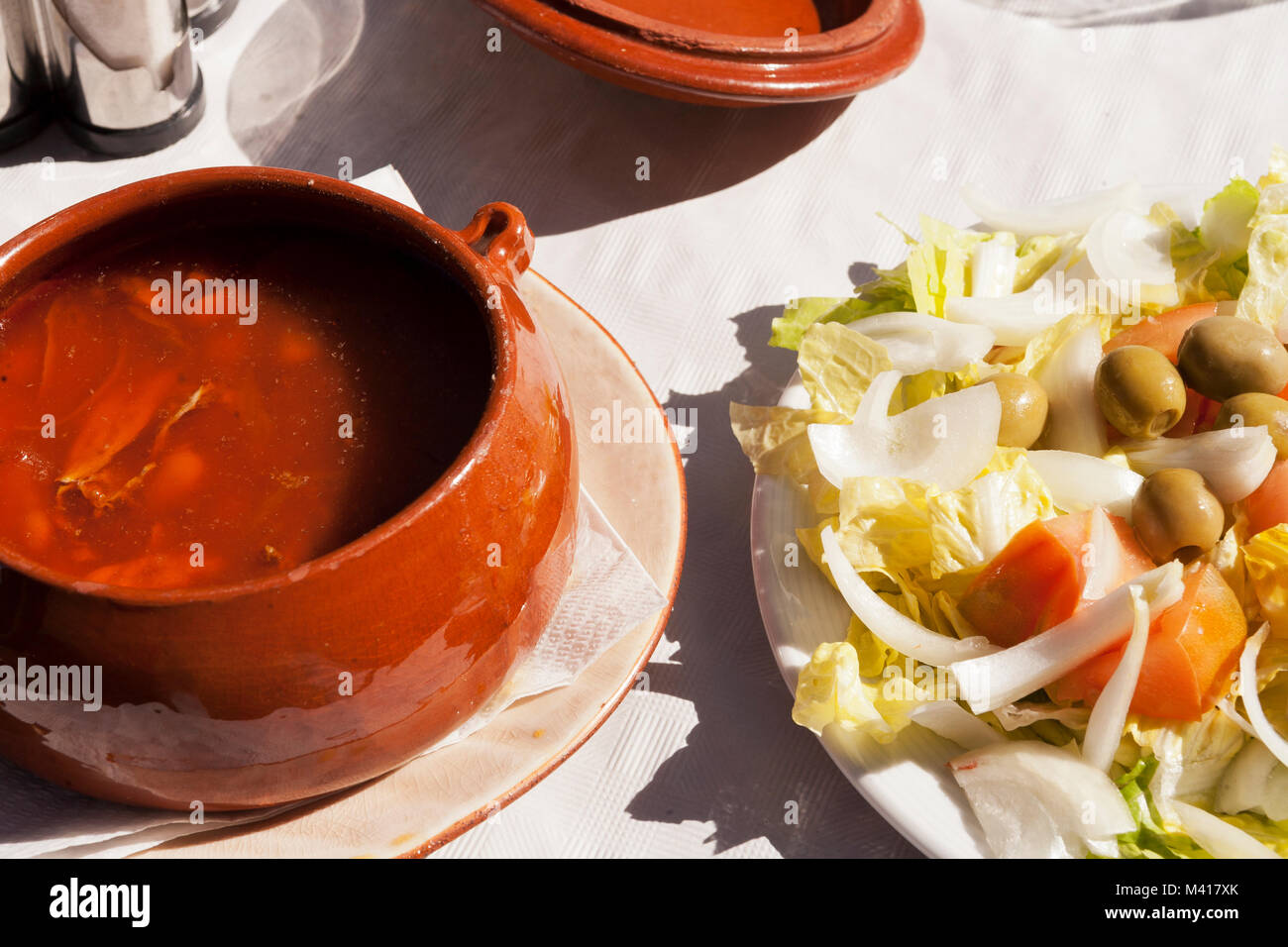partridge fish soup and mixed salad in Vilafamés, Costa del Azahar, Spain Stock Photo
