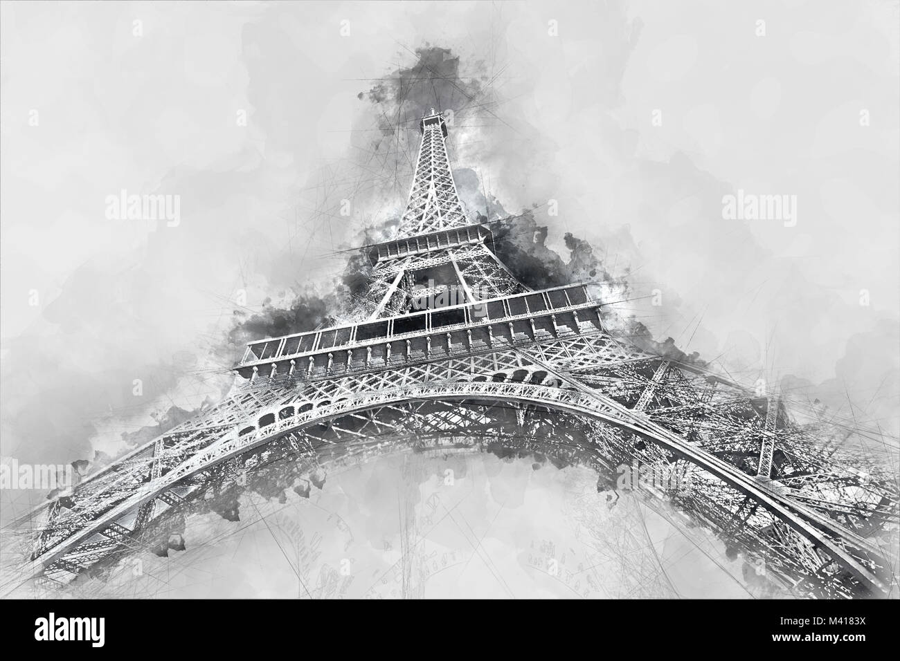 Watercolor painting of the Eiffel Tower, one of the most visited monuments in Paris, France. Illustration on gray background. Stock Photo