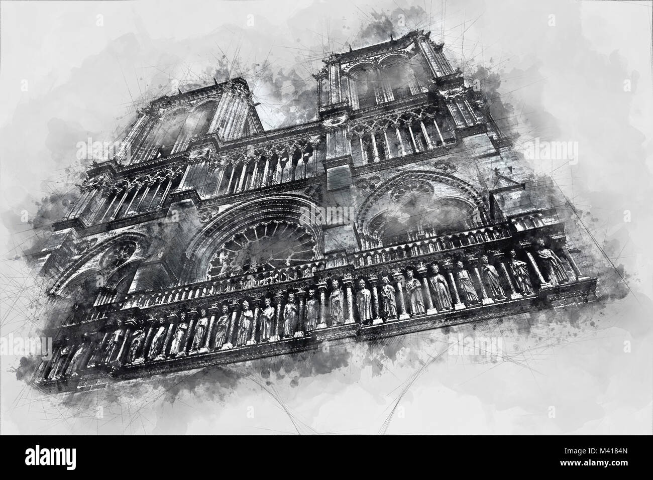 Watercolor painting of Notre Dame, the historic Catholic cathedral, one of the most visited monuments in Paris, France. Illustration on gray backgroun Stock Photo