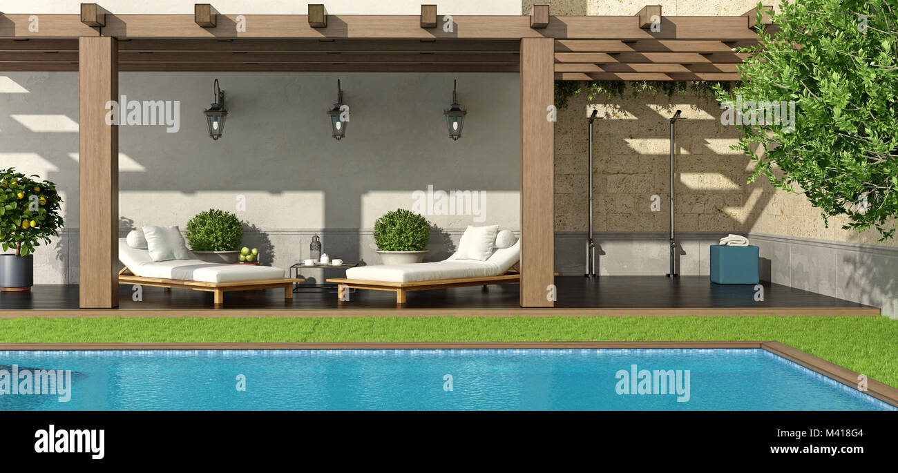 Luxury garden with pergola and swimming pool - 3d rendering Stock Photo