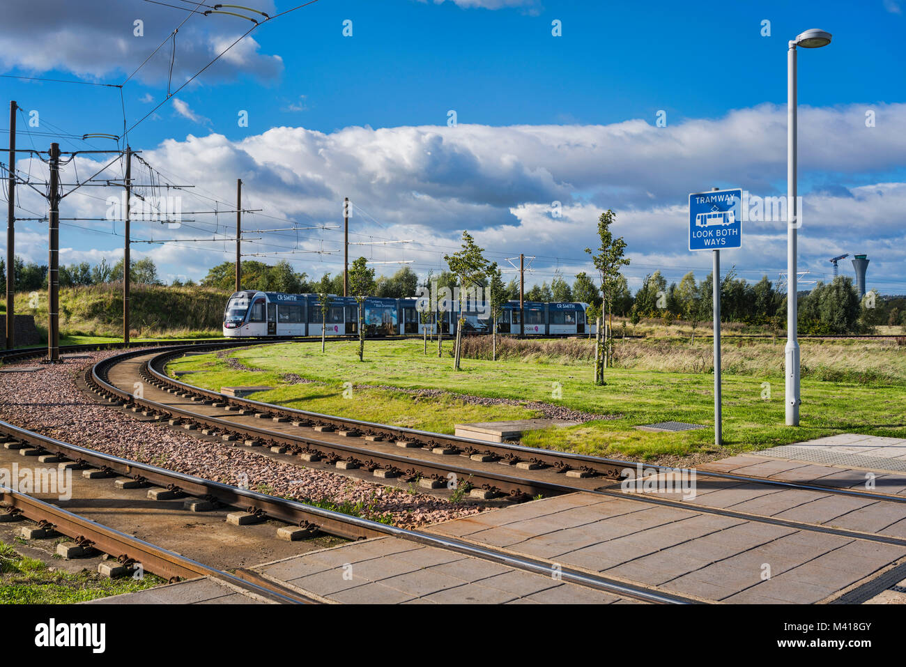 Tram approaching Ingleston park Ride, going to Edinburgh,  Scotland, UK. Stock Photo