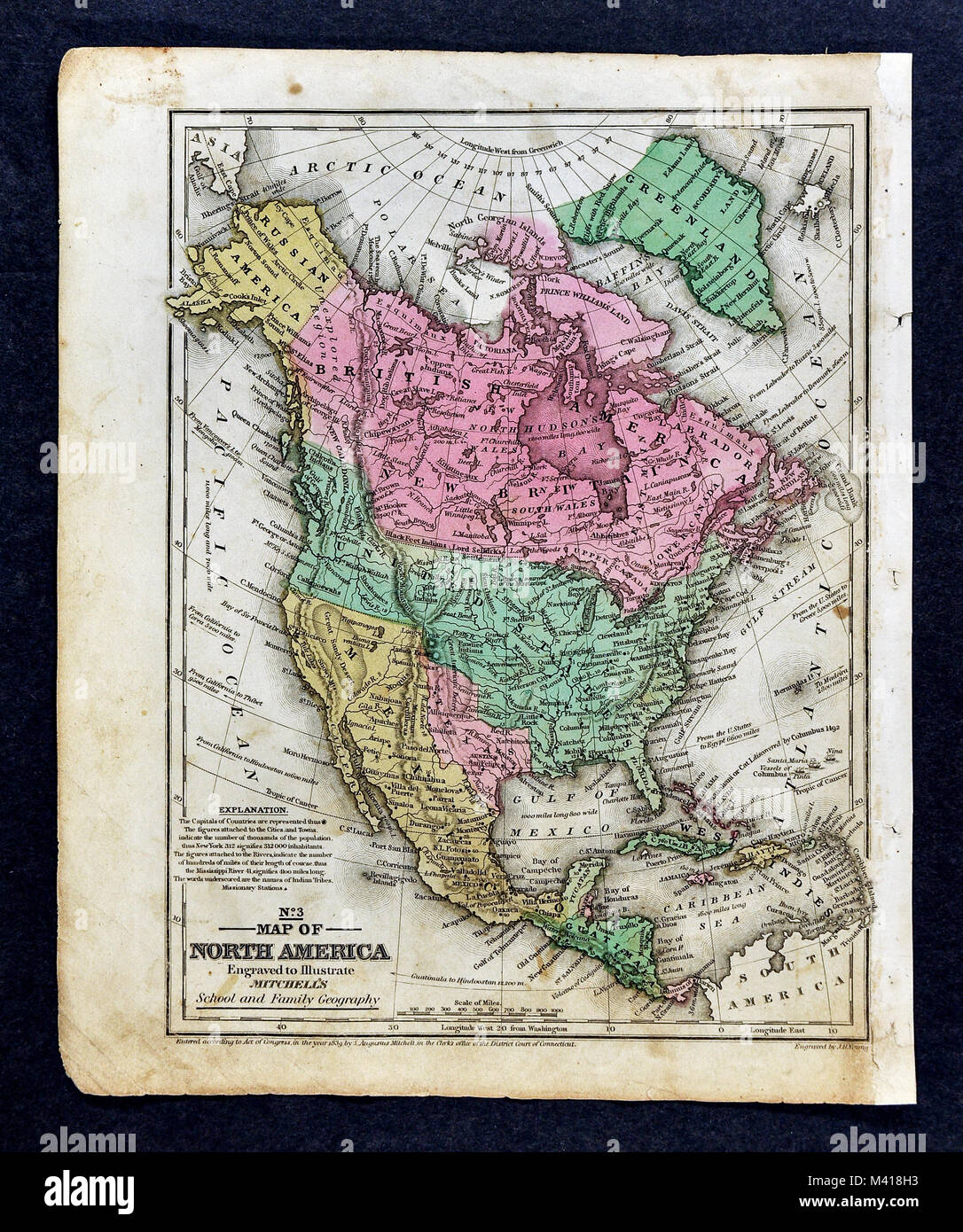 1839 Mitchell Map - North America - United States - Republic of Texas - New Albion California - Mexico Canada Russian Alaska Stock Photo