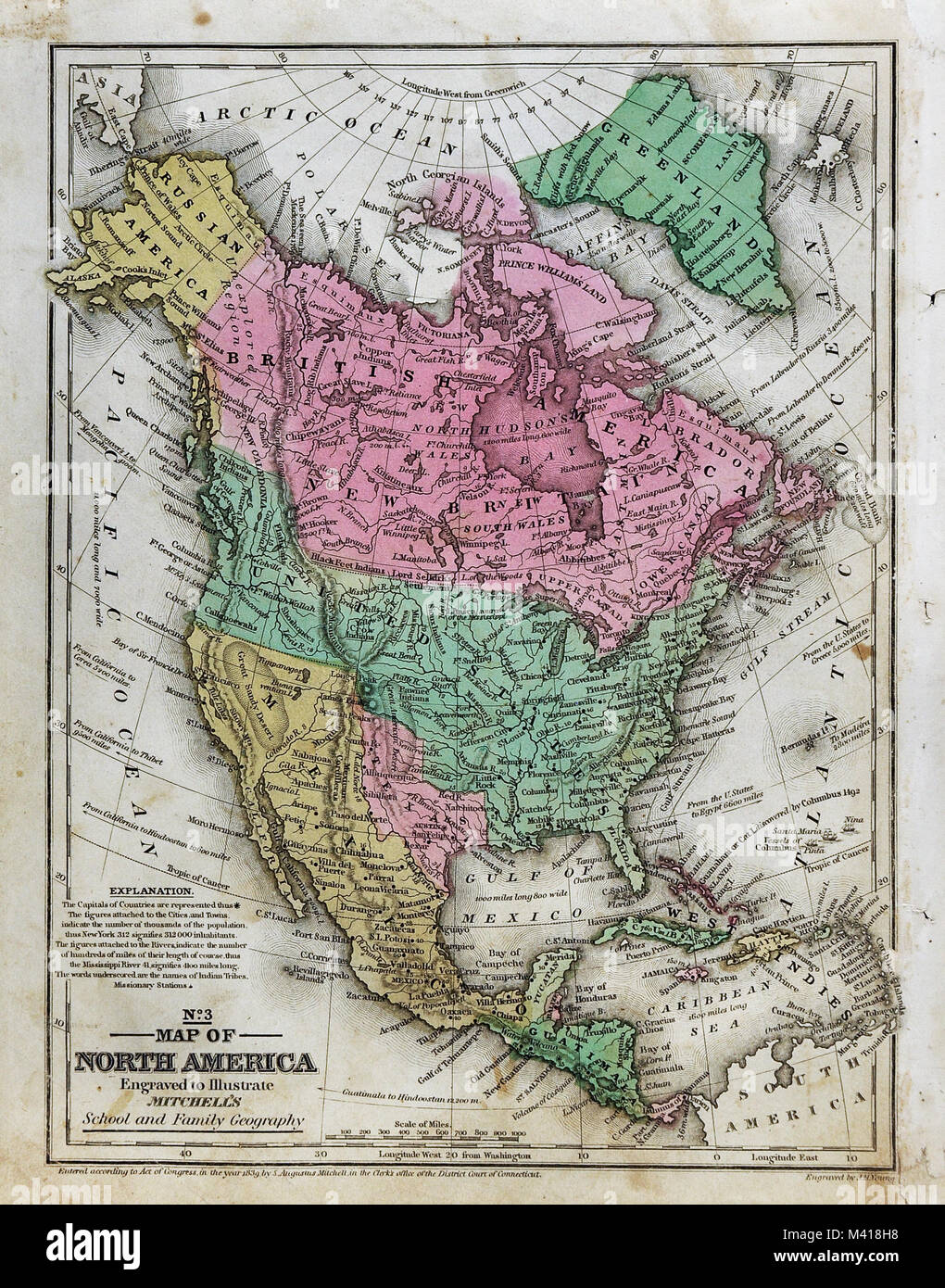 1839 Mitchell Map - North America - United States - Republic of Texas - New Albion California - Mexico Canada Russian Alaska Stock Photo