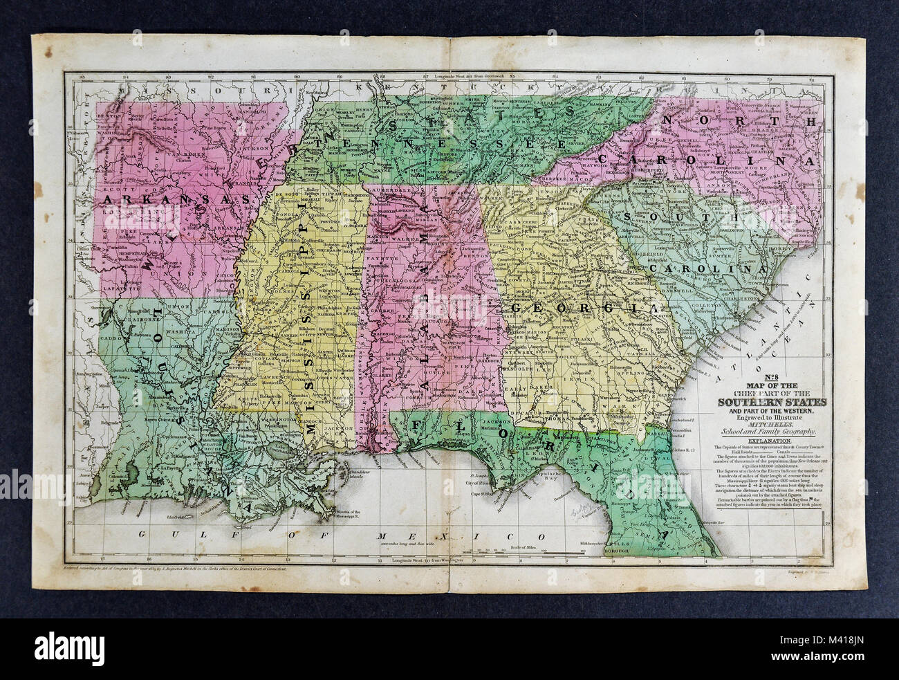 1839 Mitchell Map - United States South - Southern States Louisiana Mississippi Arkansas Alabama Tennessee Stock Photo