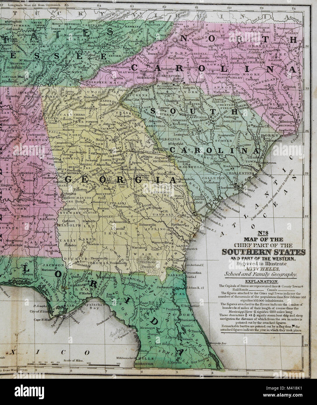 1839 Mitchell Map - United States South - Southern States - Georgia Florida Alabama Tennessee South Carolina North Carolina Stock Photo