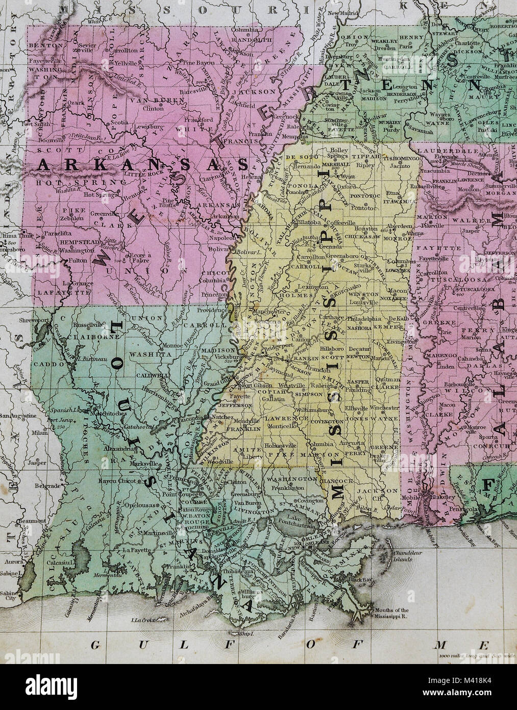 1839 Mitchell Map - United States South - Southern States Louisiana Mississippi Arkansas Alabama Tennessee Stock Photo