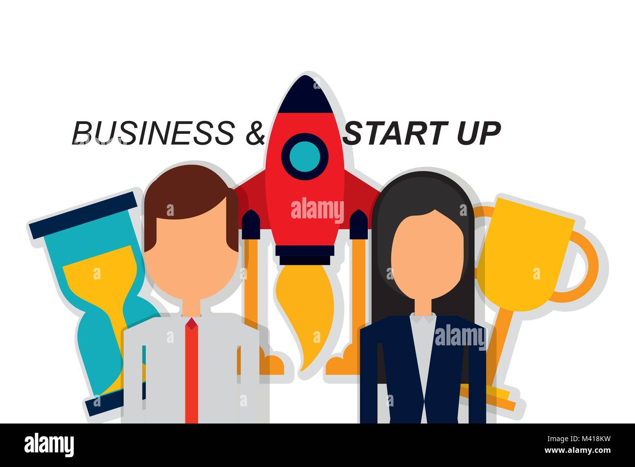 man and woman businesspeople rocket trophy clock business start up ...