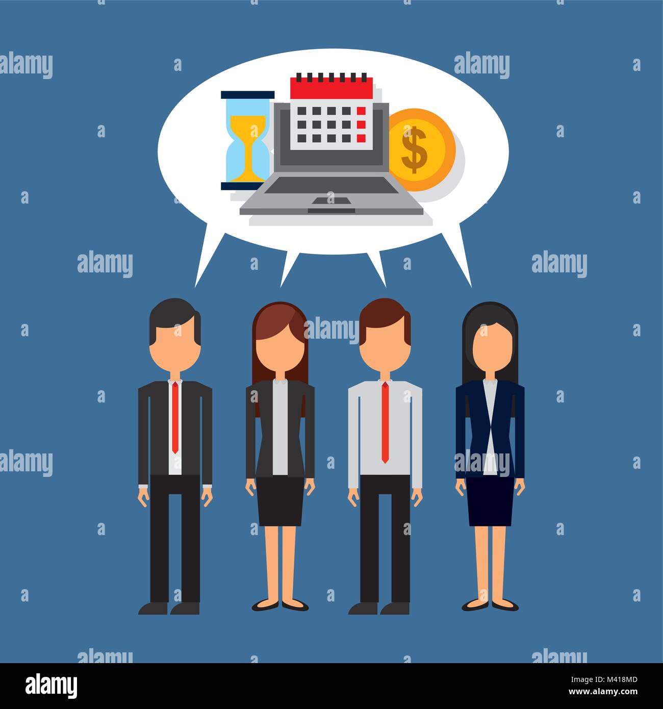 business people standing with speech bubble and laptop money clock calendar Stock Vector