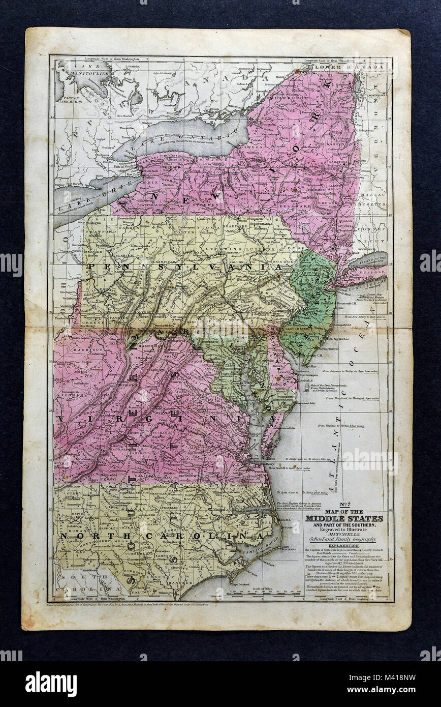 1839 Mitchell Map - Mid-Atlantic States - New York Pennsylvania New Jersey Maryland Delaware Virginia North Carolina Washington DC - United States Stock Photo