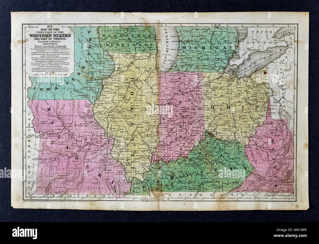 1839 Mitchell Map - Upper Midwest States - Missouri Illinois Indiana Ohio Kentucky Michigan - United States Stock Photo