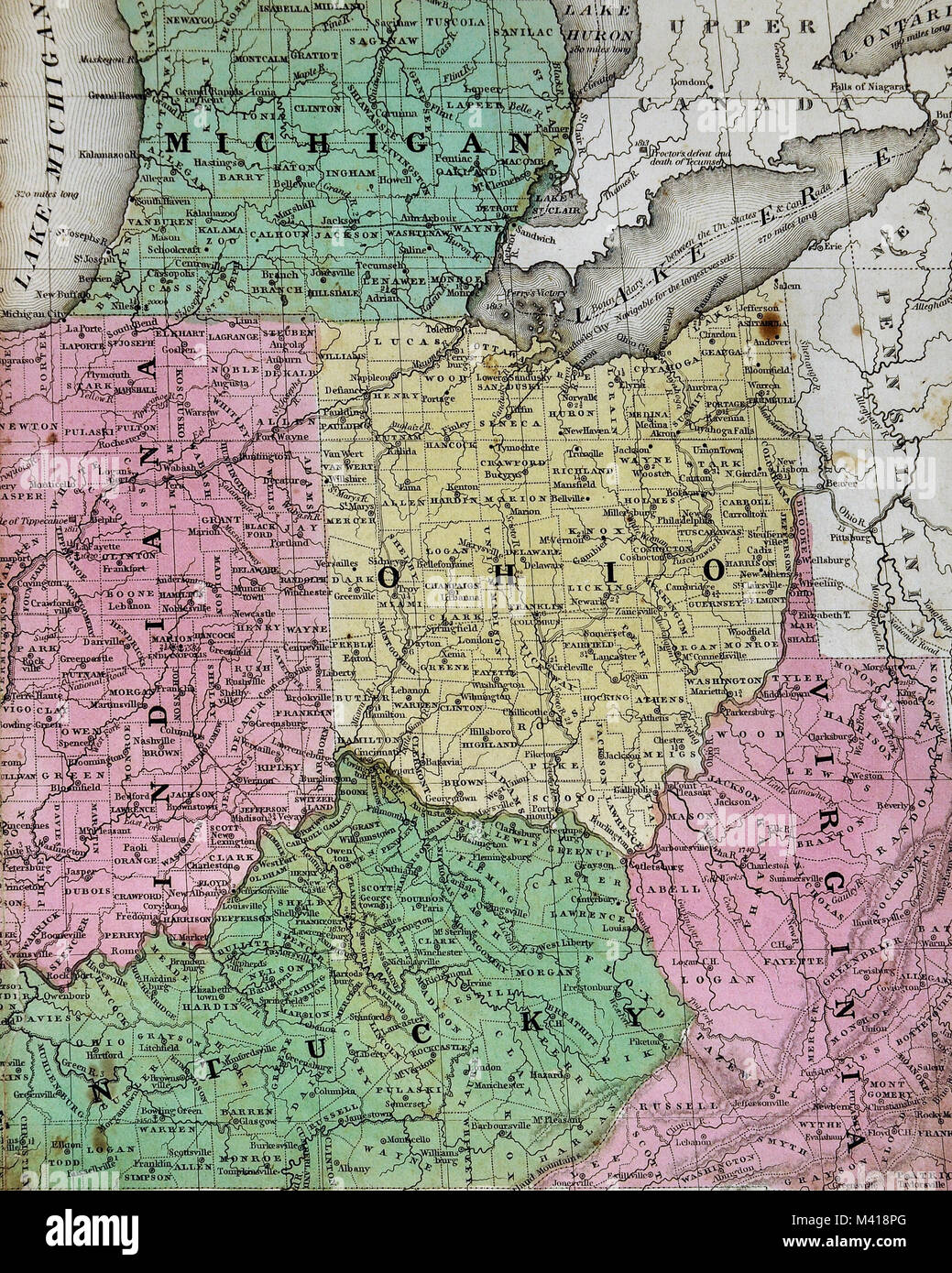 1839 Mitchell Map - Midwest States - Indiana Ohio Kentucky Michigan West Virginia - United States Stock Photo