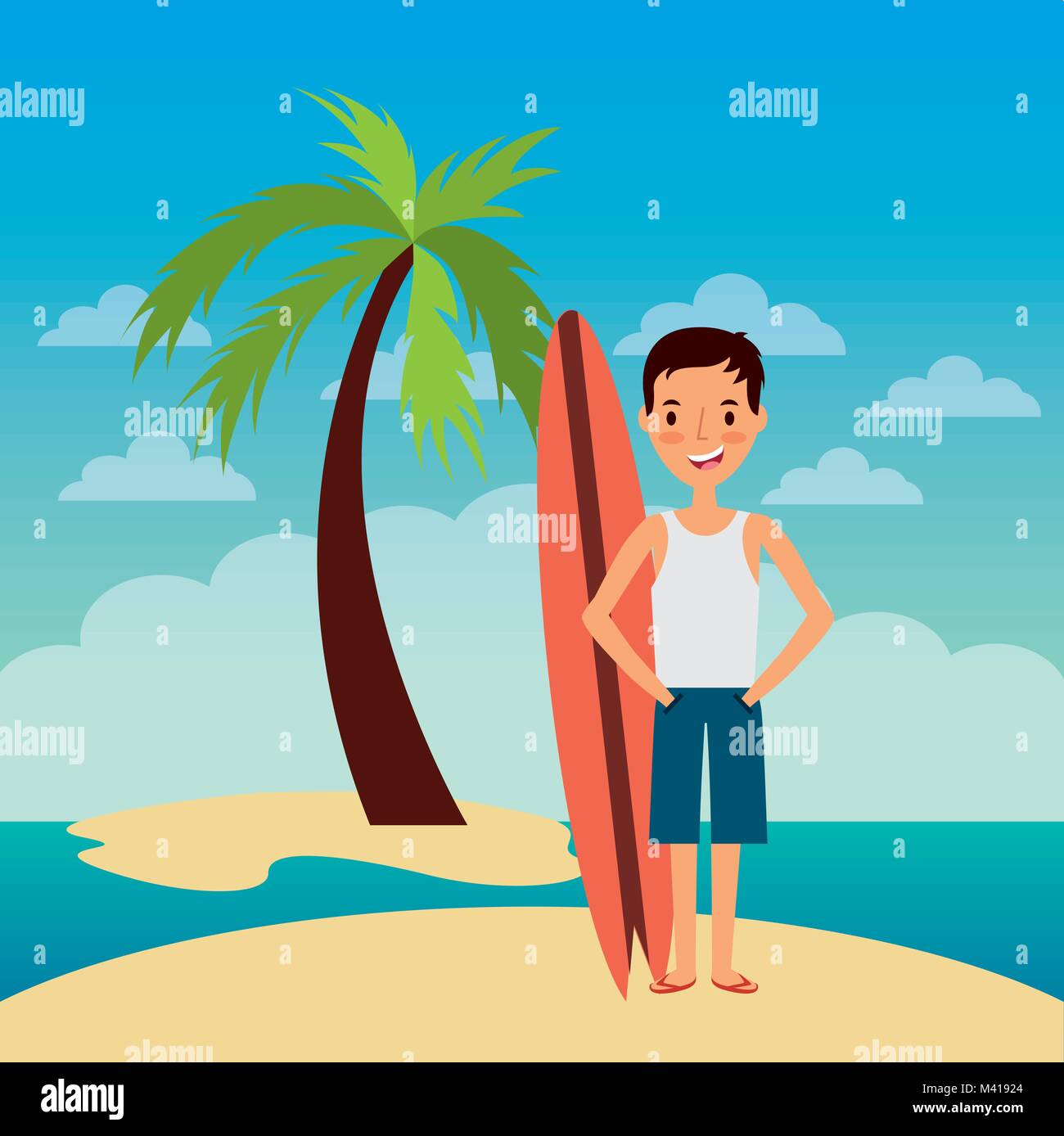 young man standing with surfing board beach vacations Stock Vector ...