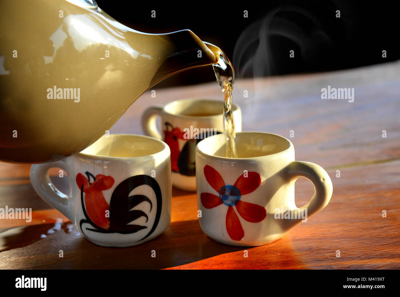 the lighting and shadow of morning tea time set at coffee shop Stock Photo