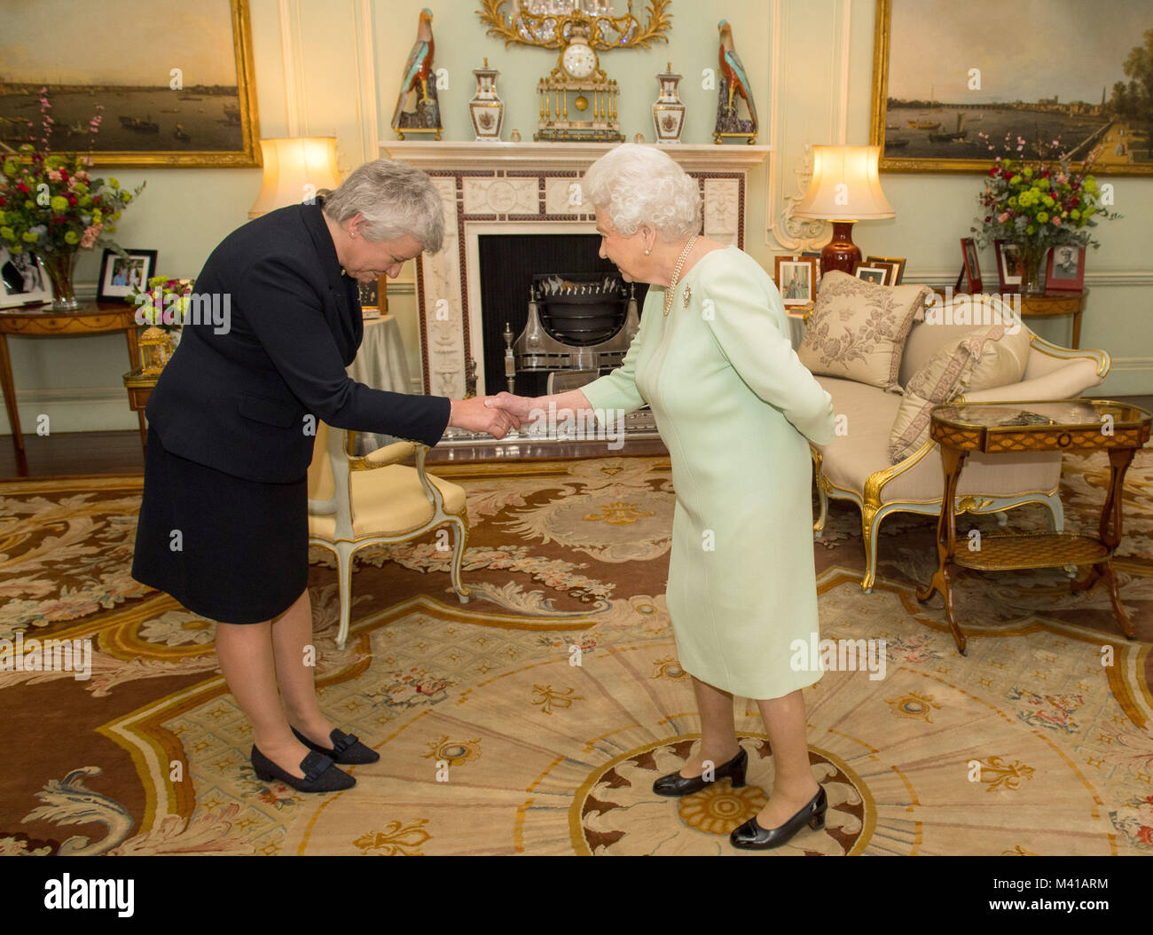 Queen Elizabeth II receives Sarah Clarke, who has been appointed the first female Black Rod in the 650-year history of the position in the House of Lords, during an audience at Buckingham Palace in London. Stock Photo