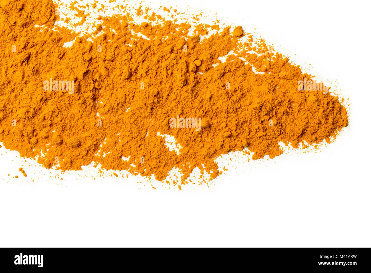 Curcuma ground powder isolated on white background, view from above, close-up.l Stock Photo
