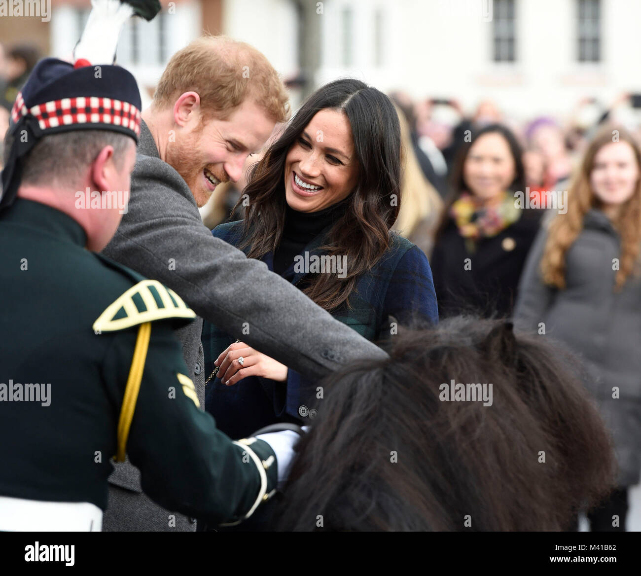 Prince Harry and Meghan Markle meet Pony Major Mark Wilkinson and regimental mascot Cruachan IV during a walkabout on the esplanade at Edinburgh Castle, while on their visit to Scotland. Stock Photo