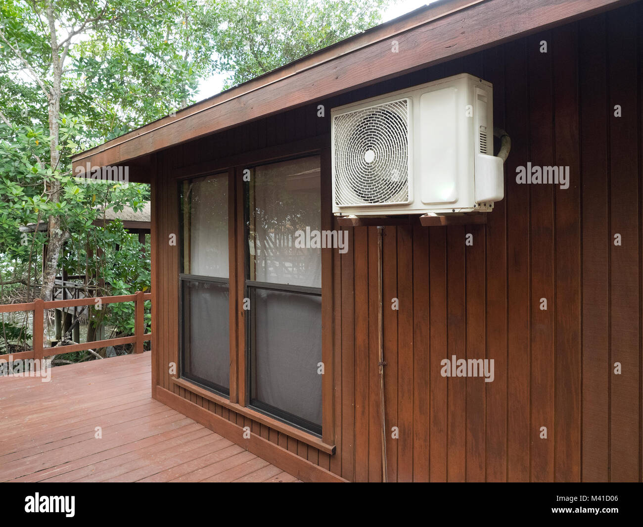 Modern, compact air conditioning unit mounted to a hotel cabin wall Stock Photo