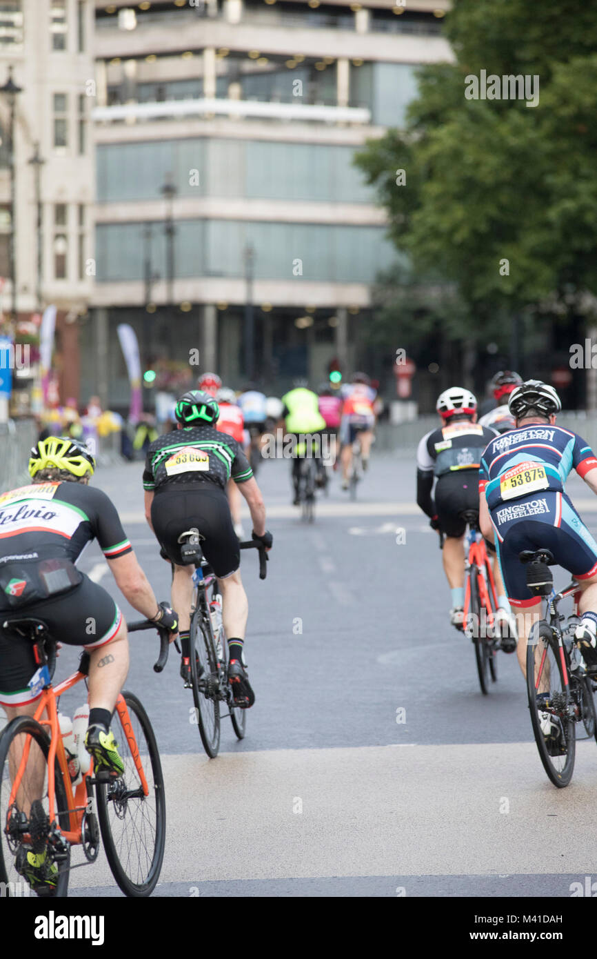 Ride London bike race - riders pass through central London towards the finnish line. Stock Photo