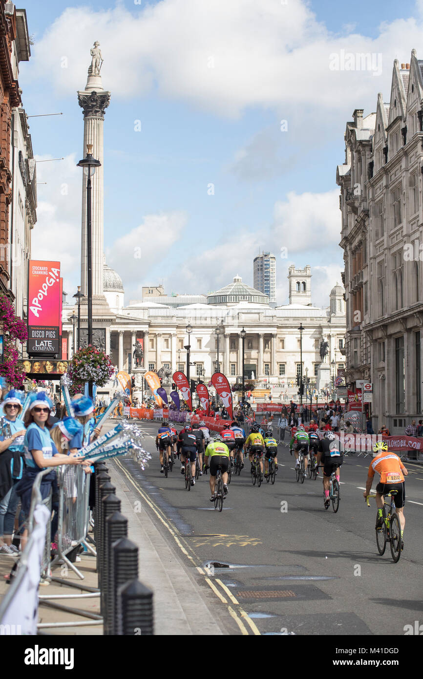 Ride London bike race - riders pass through central London towards the finnish line. Stock Photo