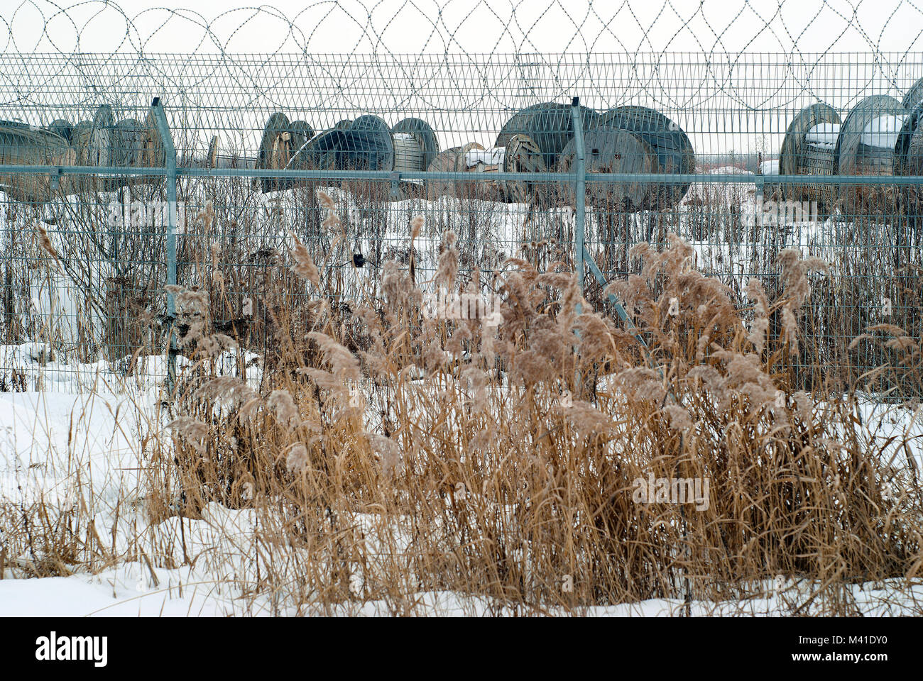 Electrified fence of the exclusion zone with empty coils from the high-voltage cable behind it, with dry grass sticking out from under the snow, in th Stock Photo