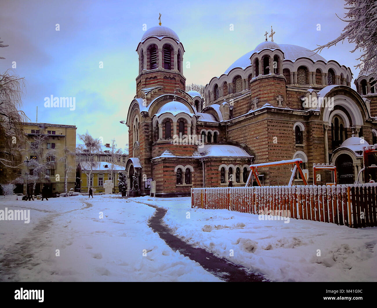 Winter in Sofia. Park of St. Sedmochislenici church Stock Photo