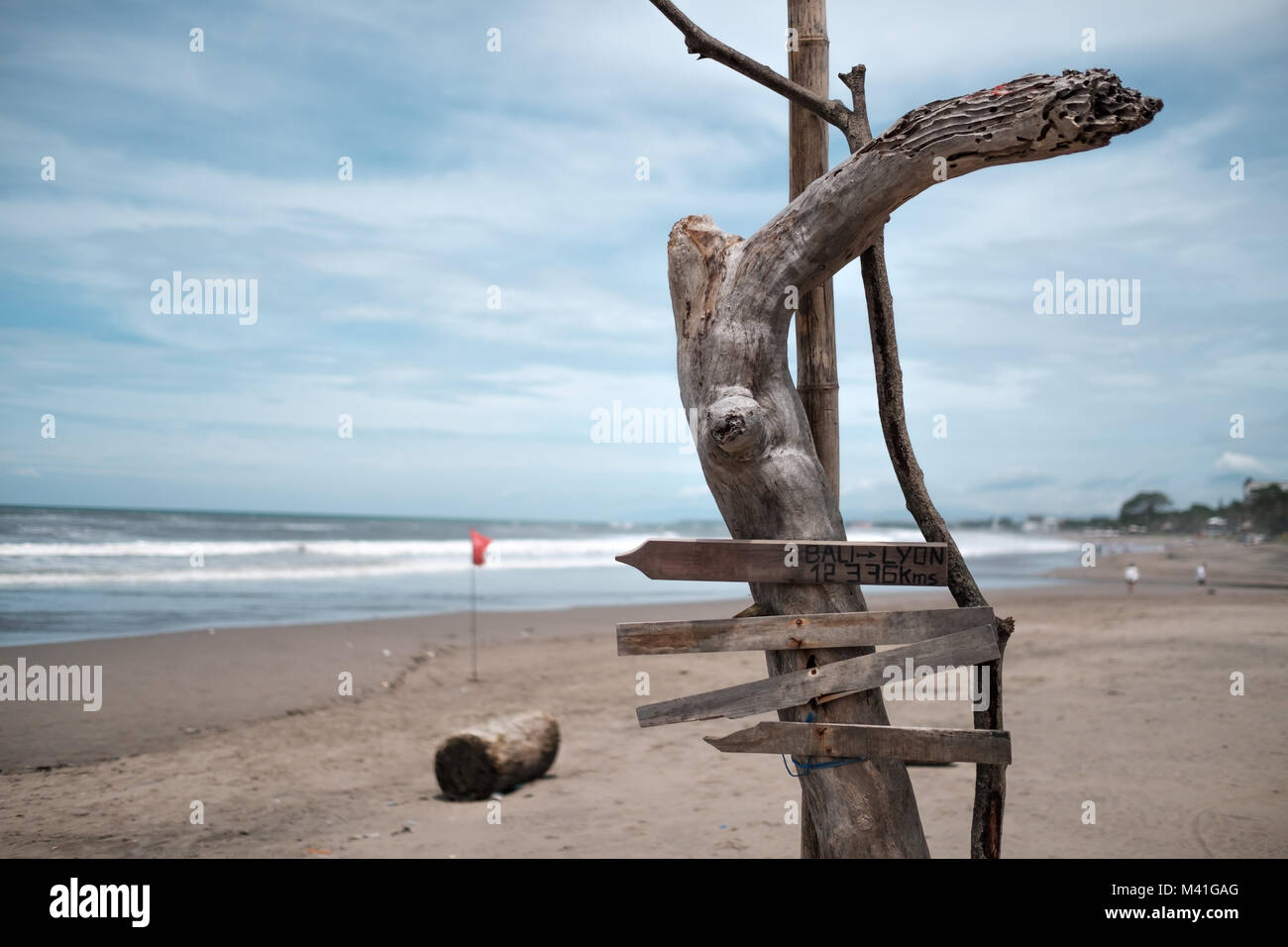 empty signage of city distance at the beach Stock Photo