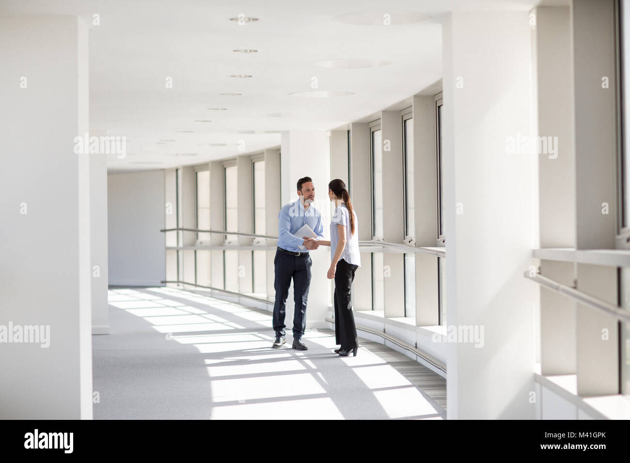 Businesswoman shaking hands with businessman Stock Photo