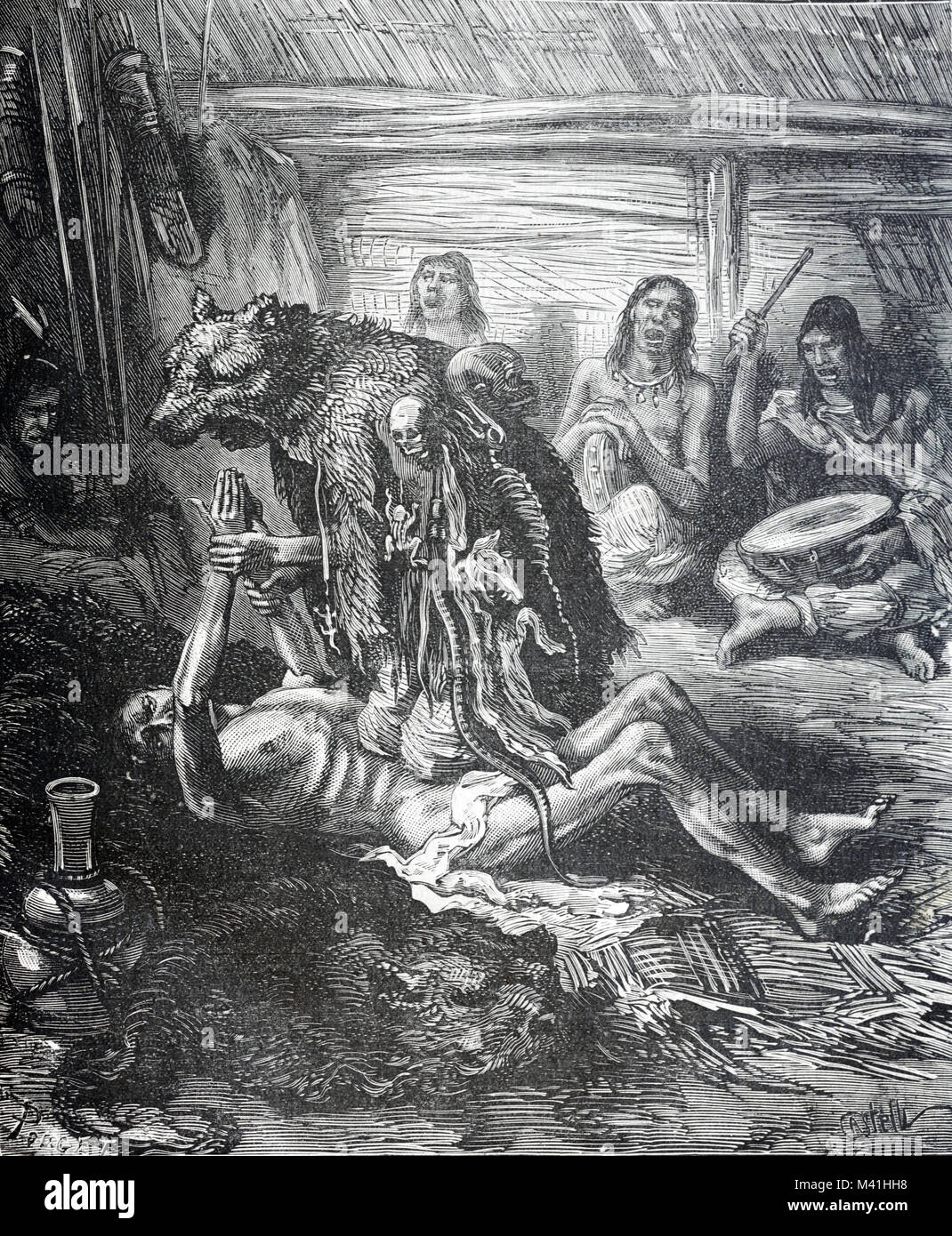 Flathead Native American or Bitterroot Salish Medicine Man, Dressed in Bear Skin, Treating Patient, Montana, USA (Engraving 1879) Stock Photo