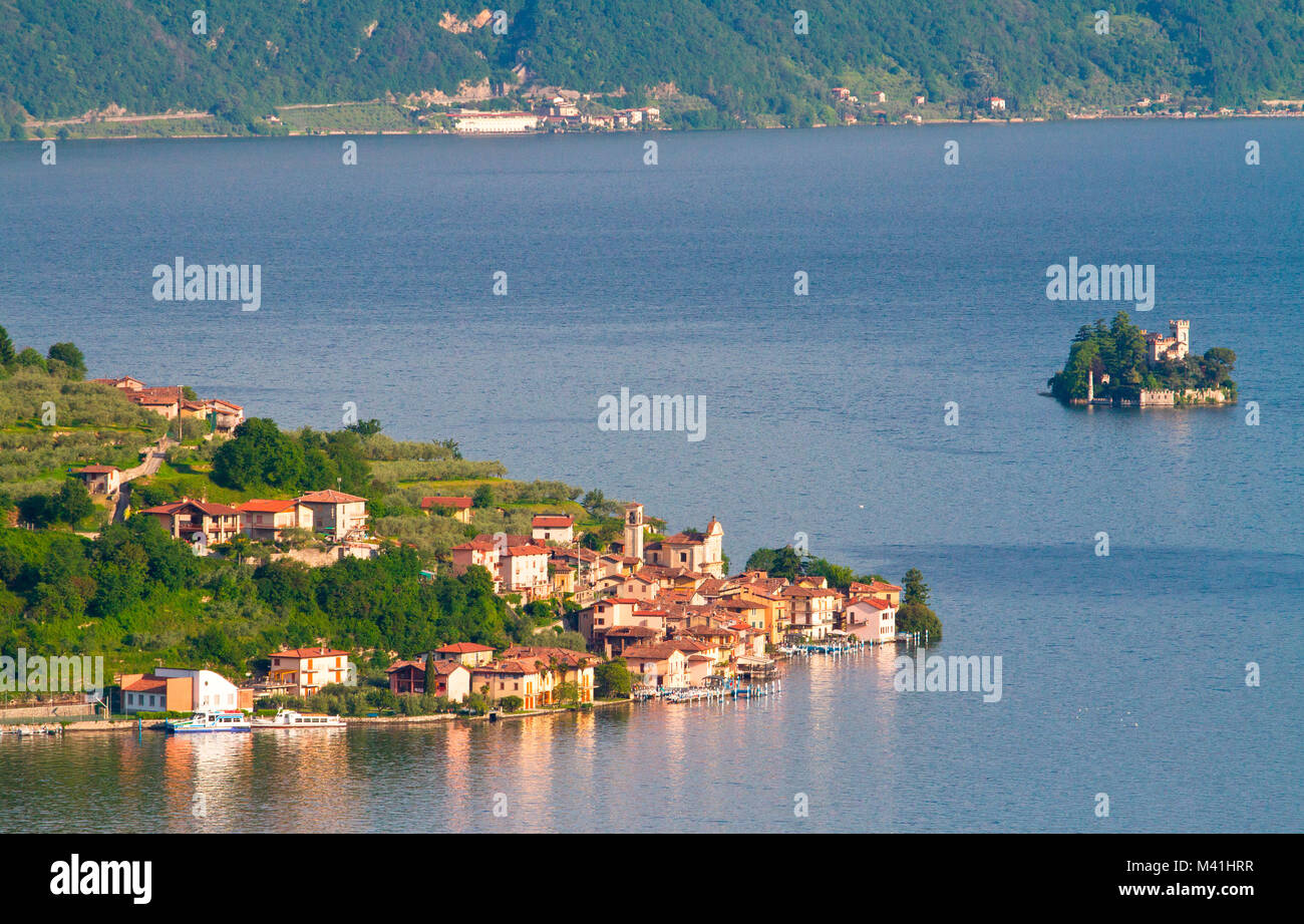Europe, Italy, Lombardy. The town of Carzano in the center of Lake Iseo in Lombardy Stock Photo