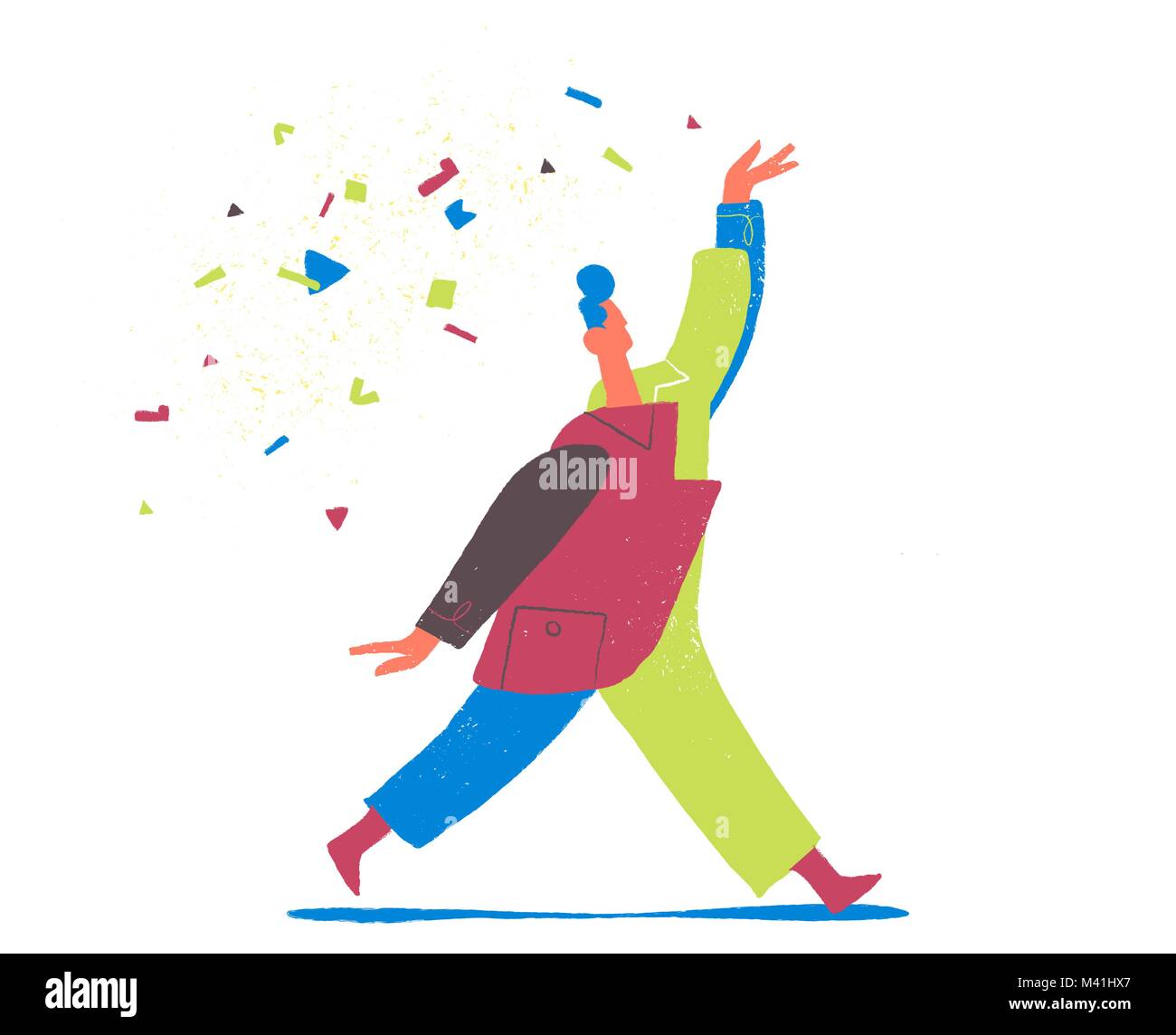 A man whit strange and colorful coat walk in the street and launch corianders Stock Vector