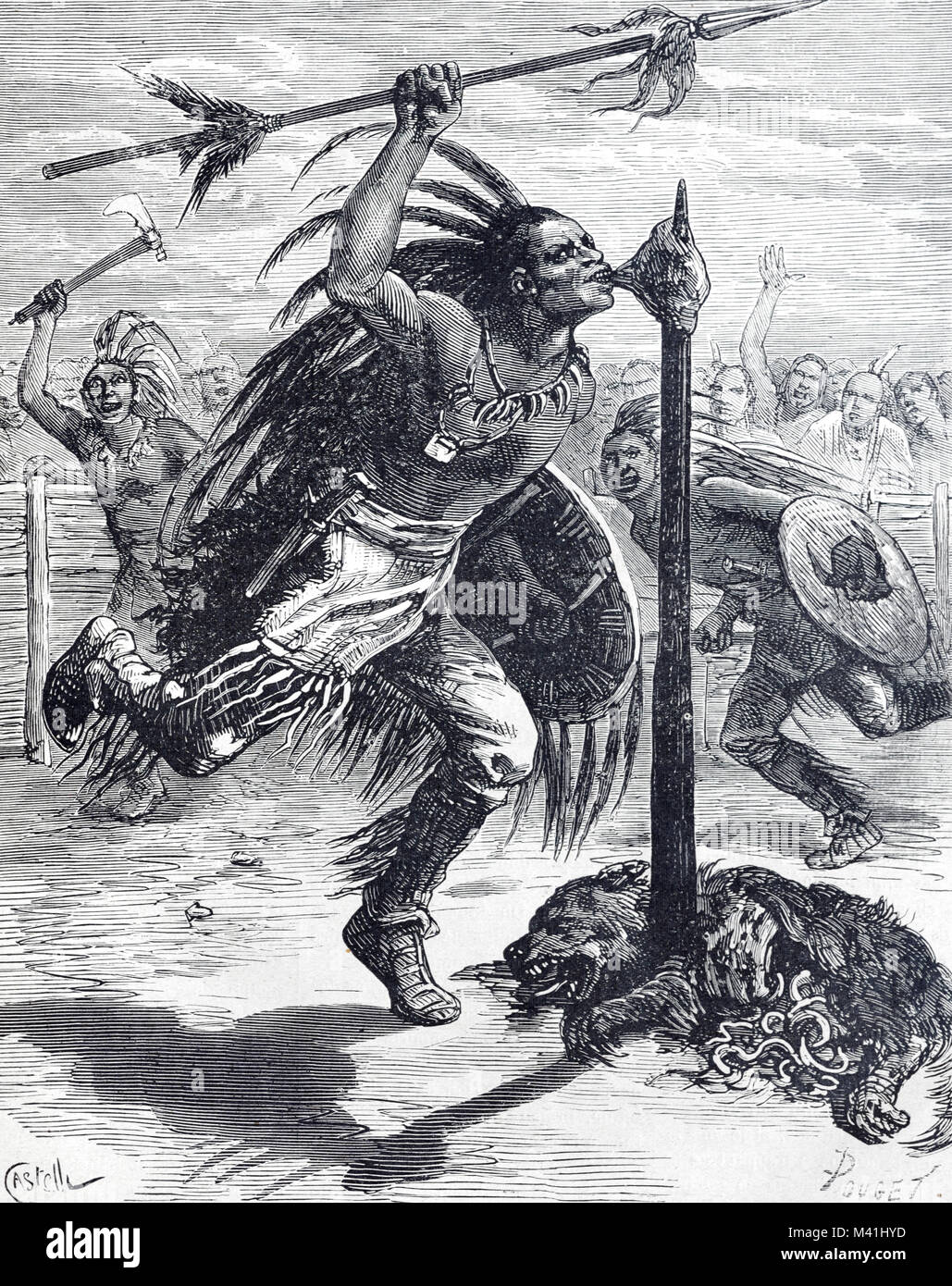 Dog Sacrifice and Tribal Dance Among the Flathead People, aka Bitterroot Salish, in Flathead Reservation of the Flathead Nation of Montana, United States. The Native American Salish man dances around the sacrificed dog and periodically bites the dog's skewered liver in a strength giving or war-like ritual. (Engraving 1879) Stock Photo