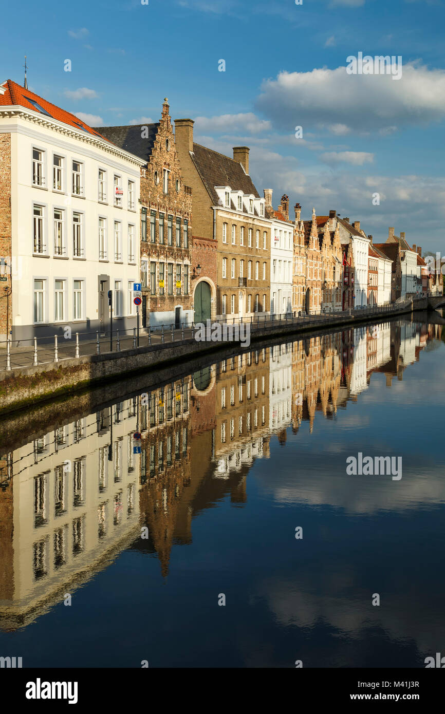 Houses reflected on canal, Bruges, Belgium Stock Photo