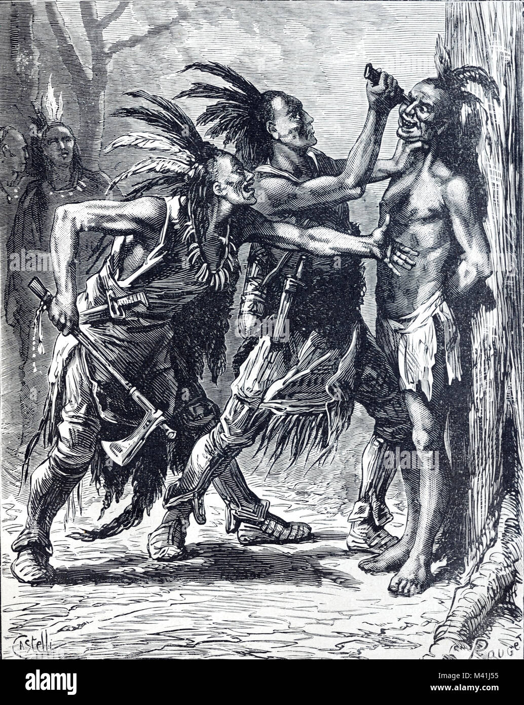 Flathead People or Native American Bitterroot Salish Blinding Rival in Flathead Nation in Montana, United States (Engraving 1879) Stock Photo