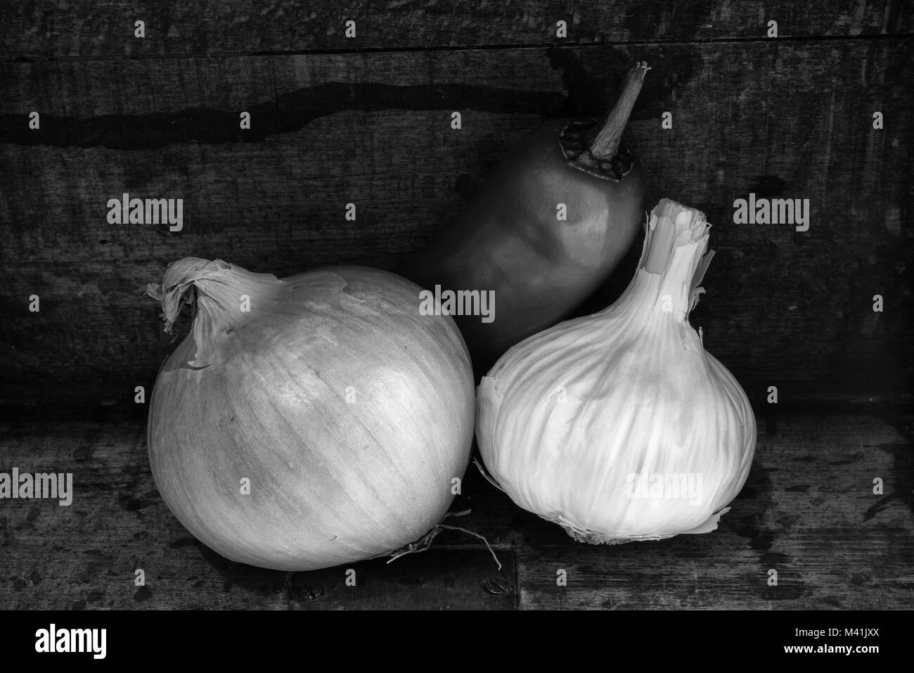 Onion, Garlic and a Chilli still life in Black and White. Stock Photo