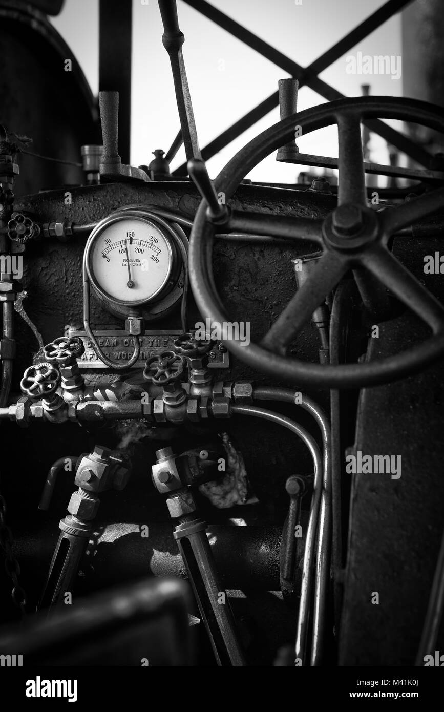 Parts of a steam Traction engine taken at a steam fair in Dorset. Black and White. Stock Photo