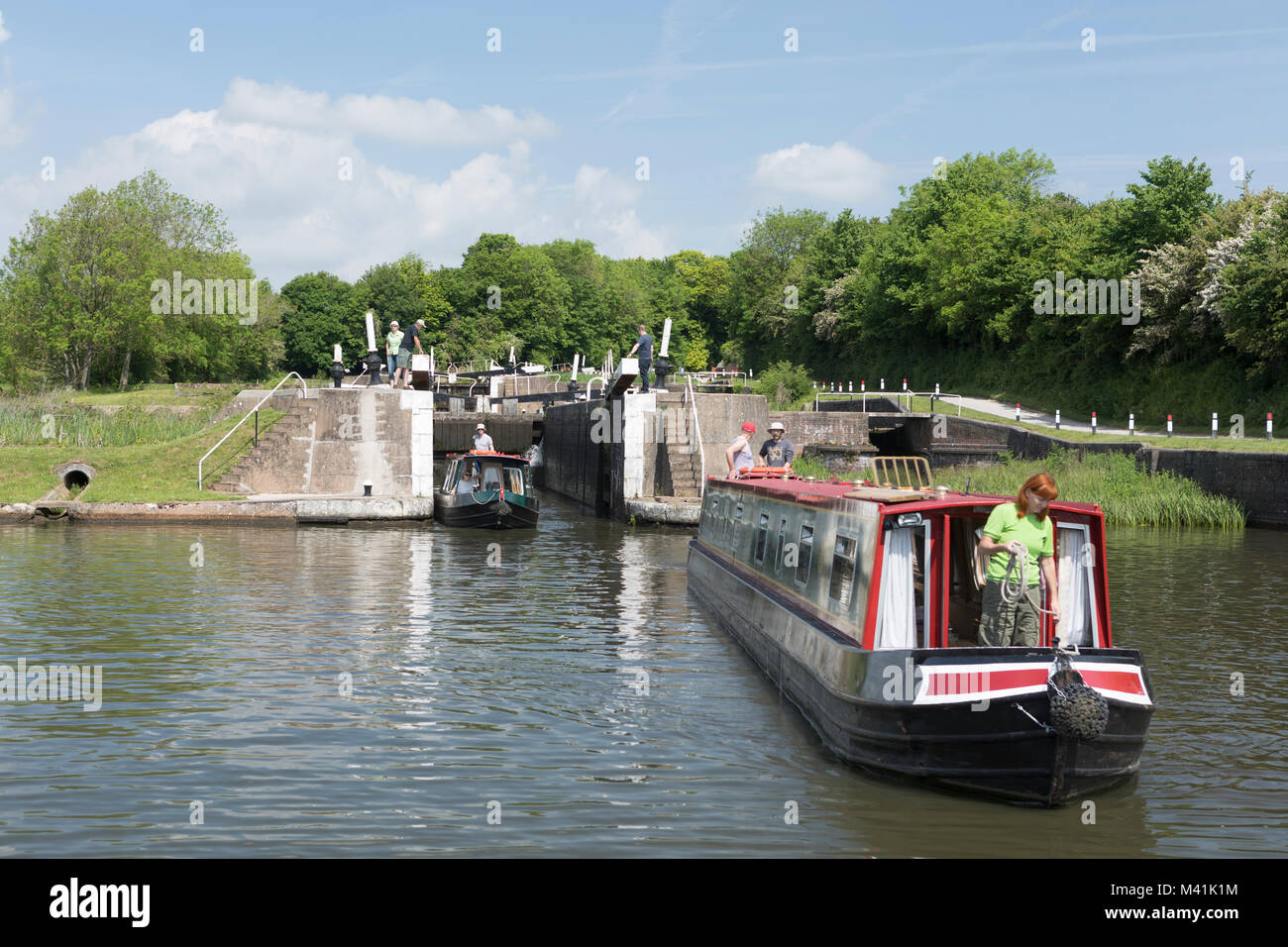 Grand Union Canal, Knowle Locks, narrow boats exiting the Bottom lock