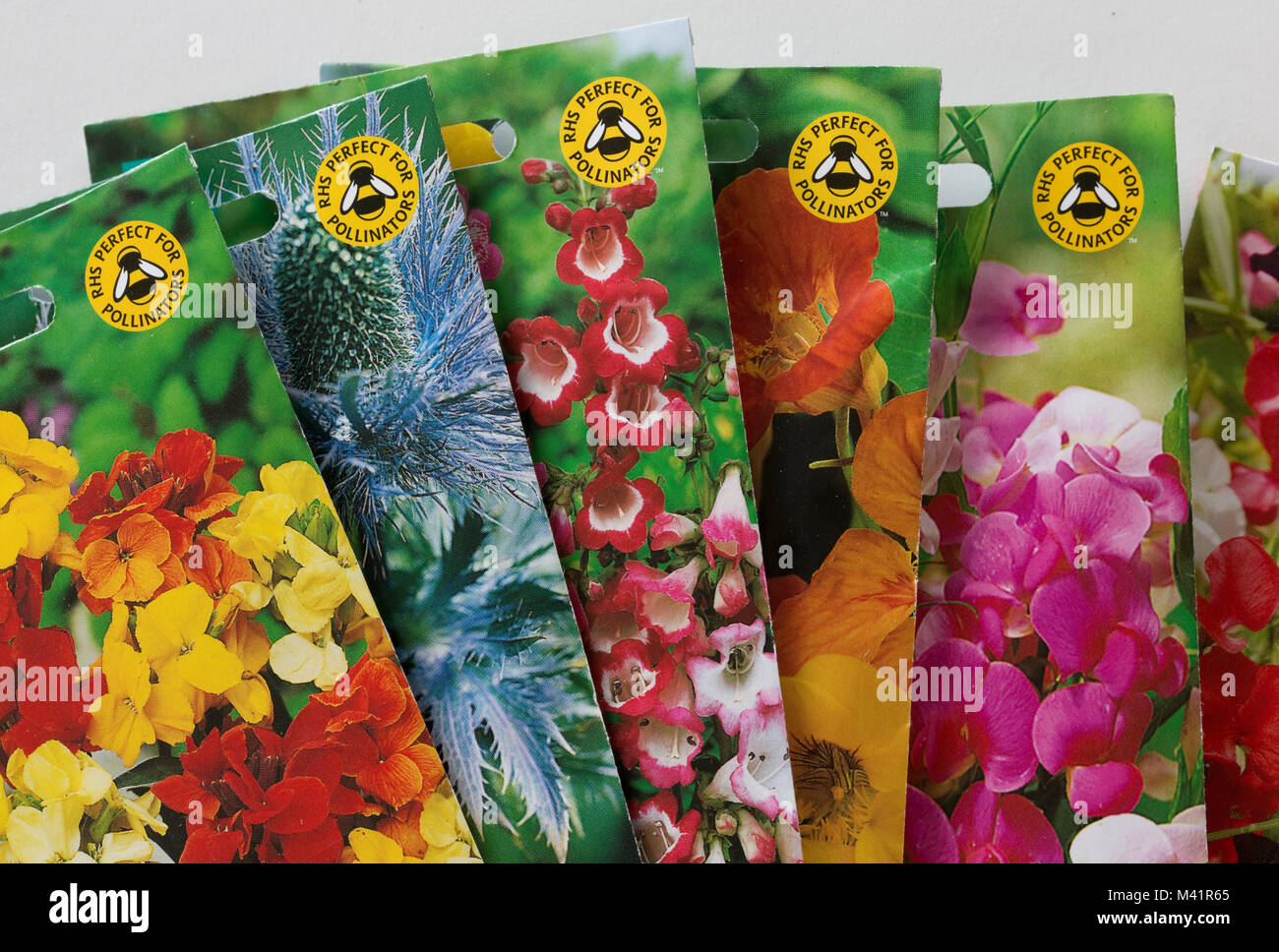 Colourful seed packets displaying RHS perfect for pollinators bee-friendly logo UK Stock Photo