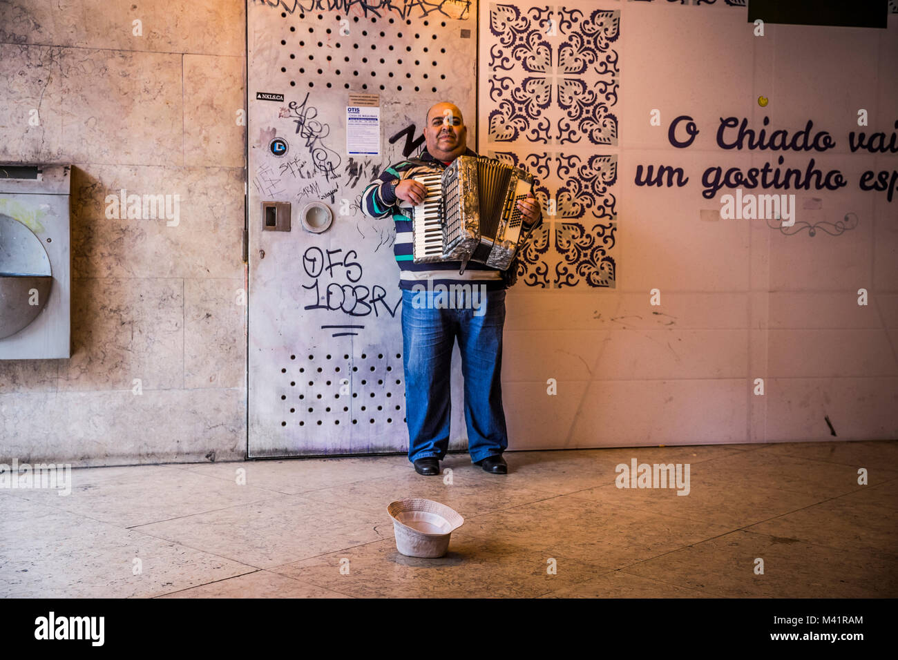 A metro station busker in Lisbon, Portugal. Stock Photo