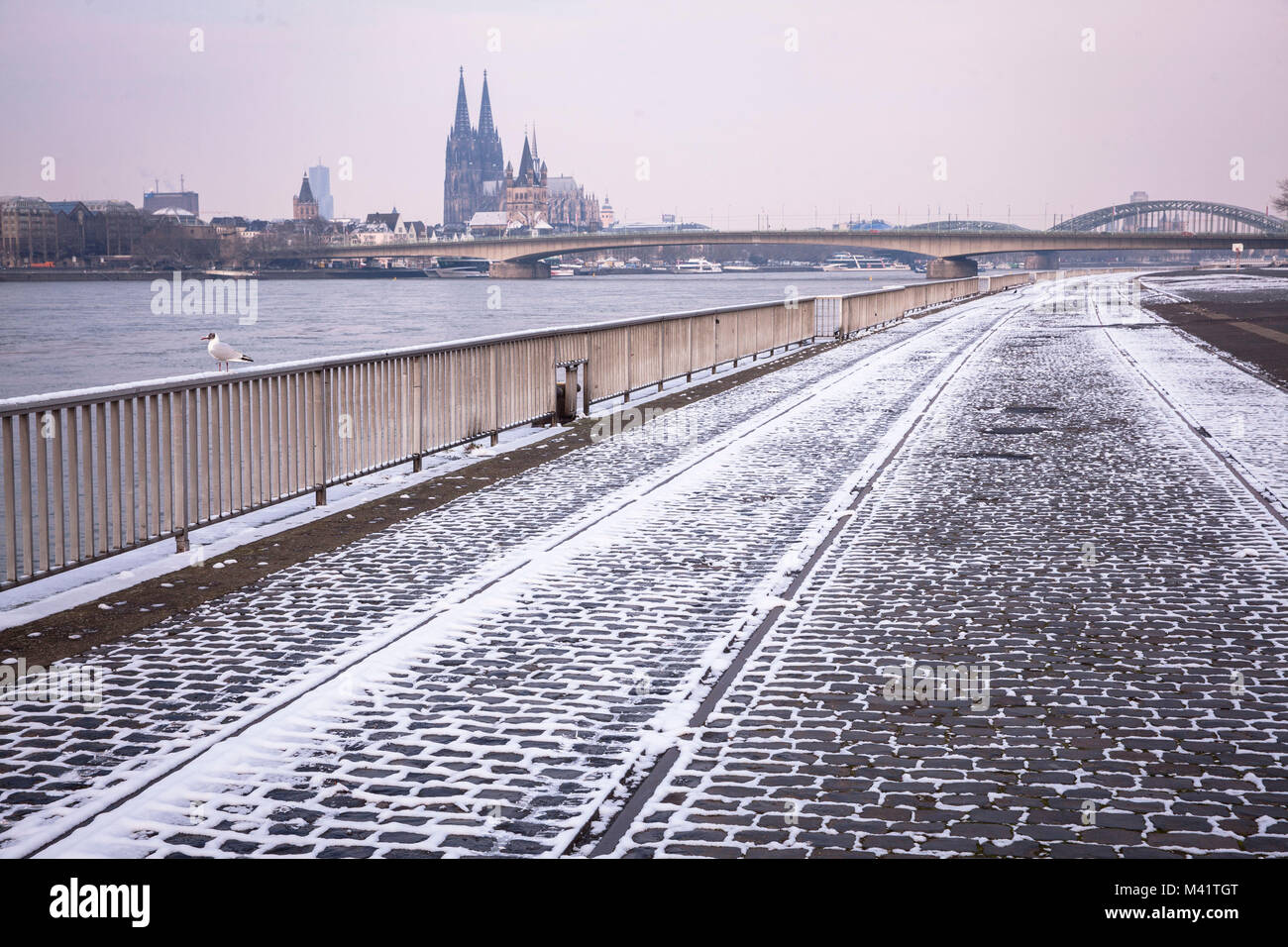 Europe, Germany, Cologne, view from the banks of the river Rhine in the district Deutz to the city with the cathedral, snow.  Europa, Deutschland, Koe Stock Photo
