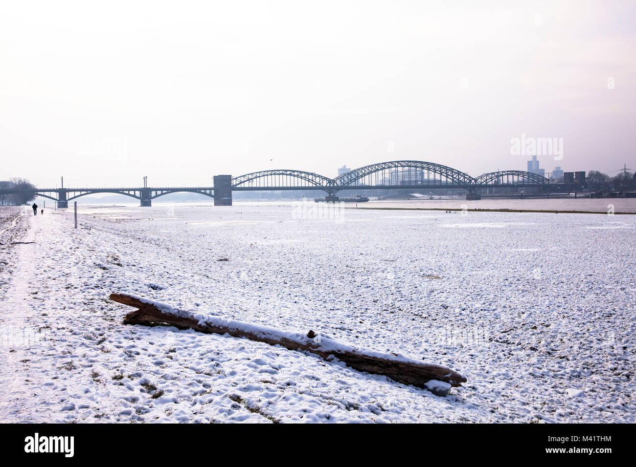 Europe, Germany, Cologne, view from the snowy Rhine meadows in the district Poll to the South bridge.  Europa, Deutschland, Koeln, Blick von den leich Stock Photo