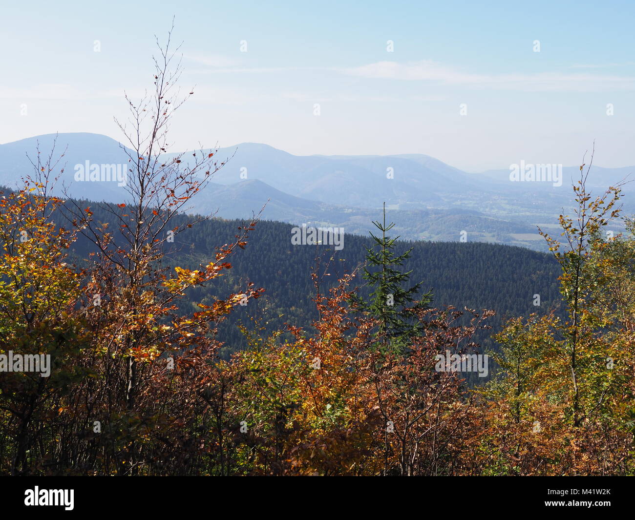 Scenic view on Moravian-Silesian Beskids mountains range landscape seen from Lysa Hora mount in Czech Republic Stock Photo