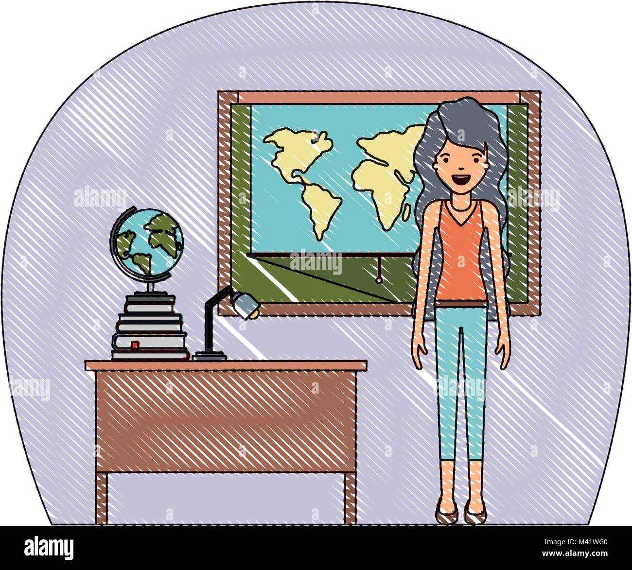 female teacher in geography class with pile books Stock Vector Image ...
