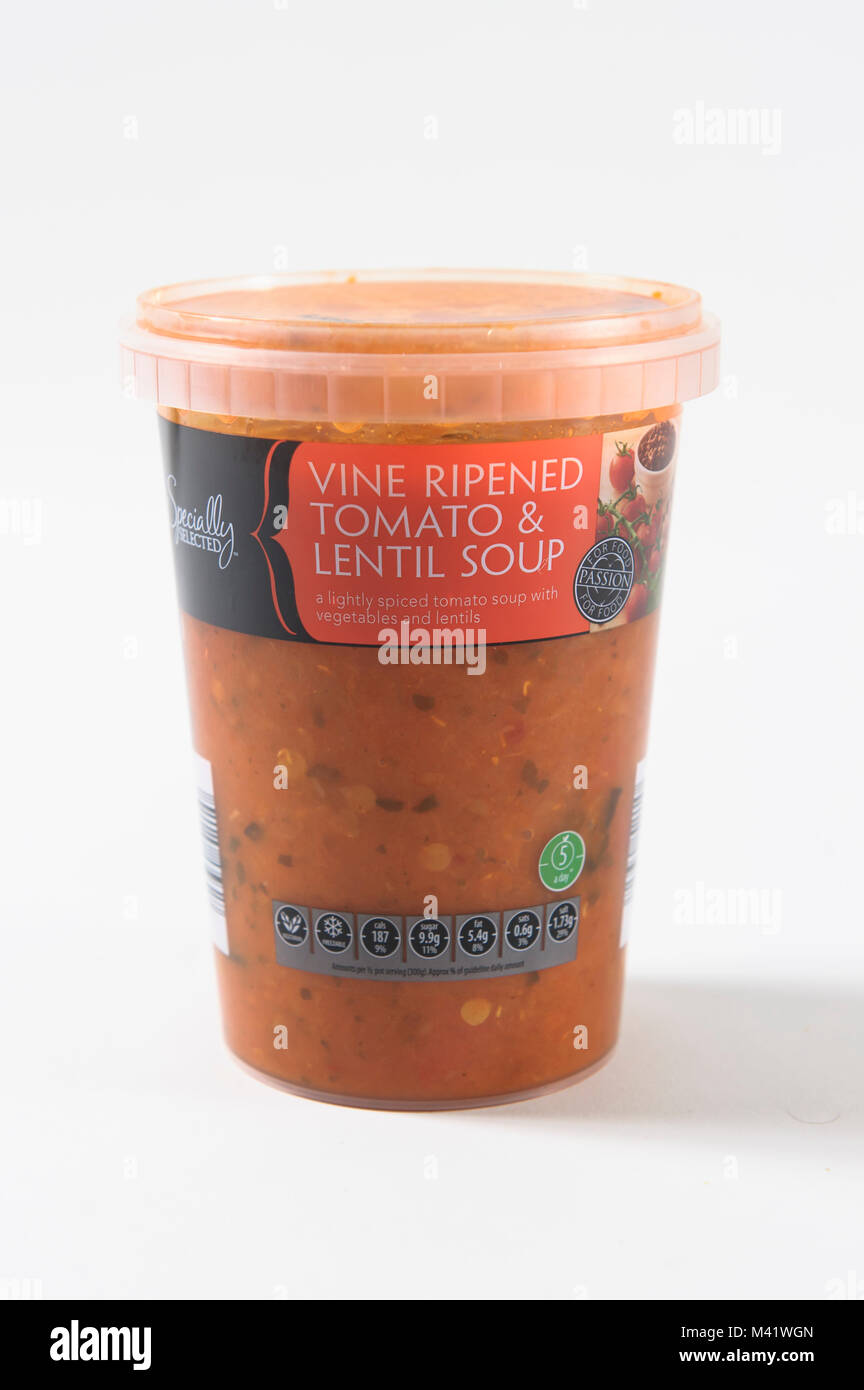 Aldi supermarket own brand Vine Ripened Tomato and Lentil Soup from there Specially Selected range. Stock Photo