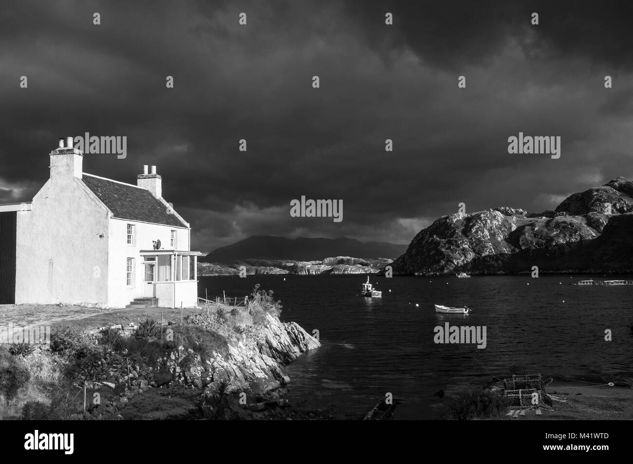 An autumnal black and white image of Fanagmore and Fanagmore bay in Sutherland, Scotland. For colour image see H7BR5T. 23 October 2016 Stock Photo