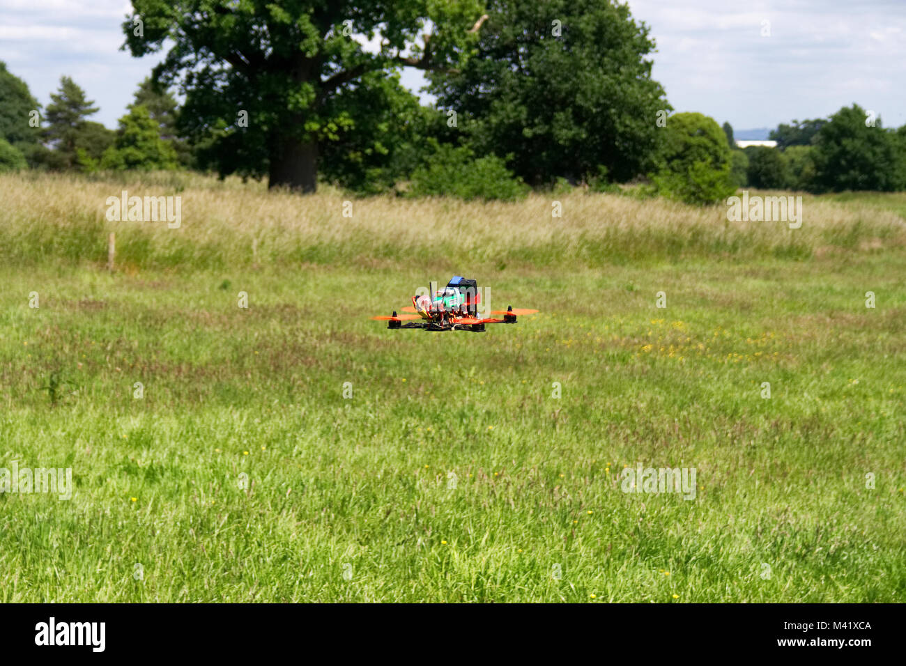 A hand built Racing Drone in flight near Bristol, England Stock Photo