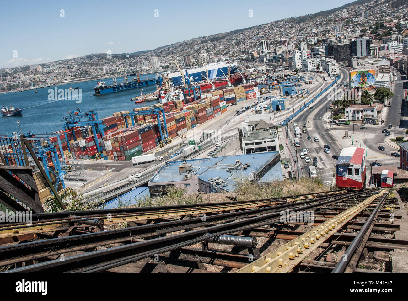 a view of the harbor of the city of Valparaiso showing its buildings and a funicular railway Stock Photo