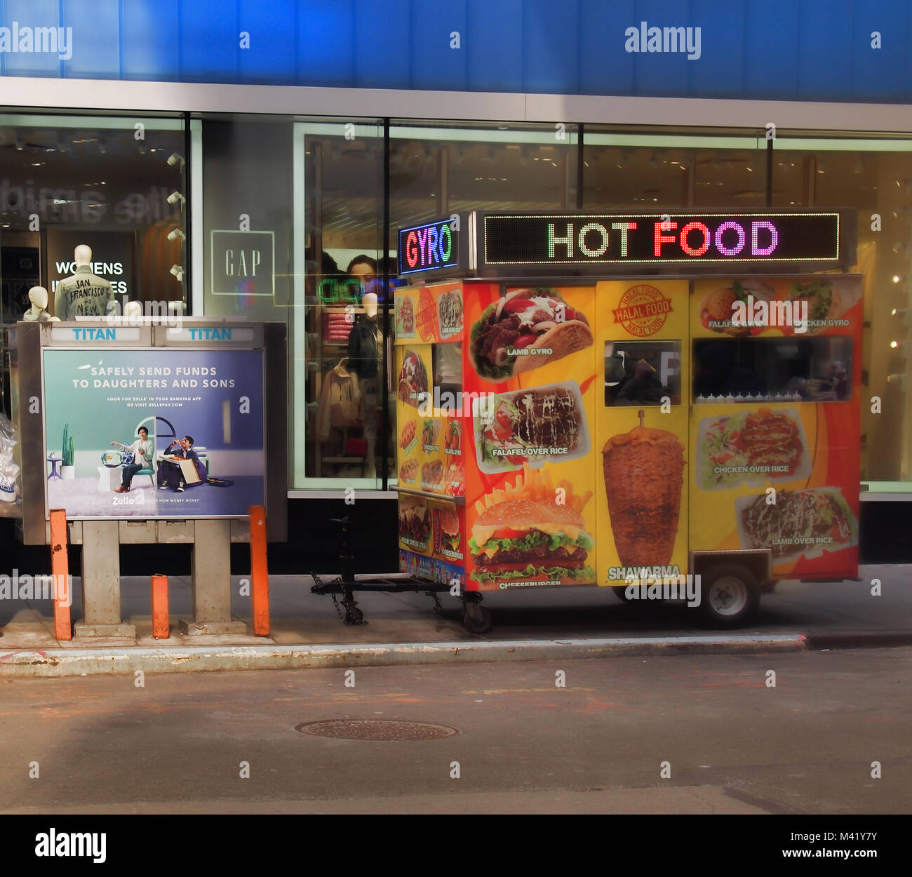New York , New York, USA. Febuary 1, 2018. Street food cart parked in