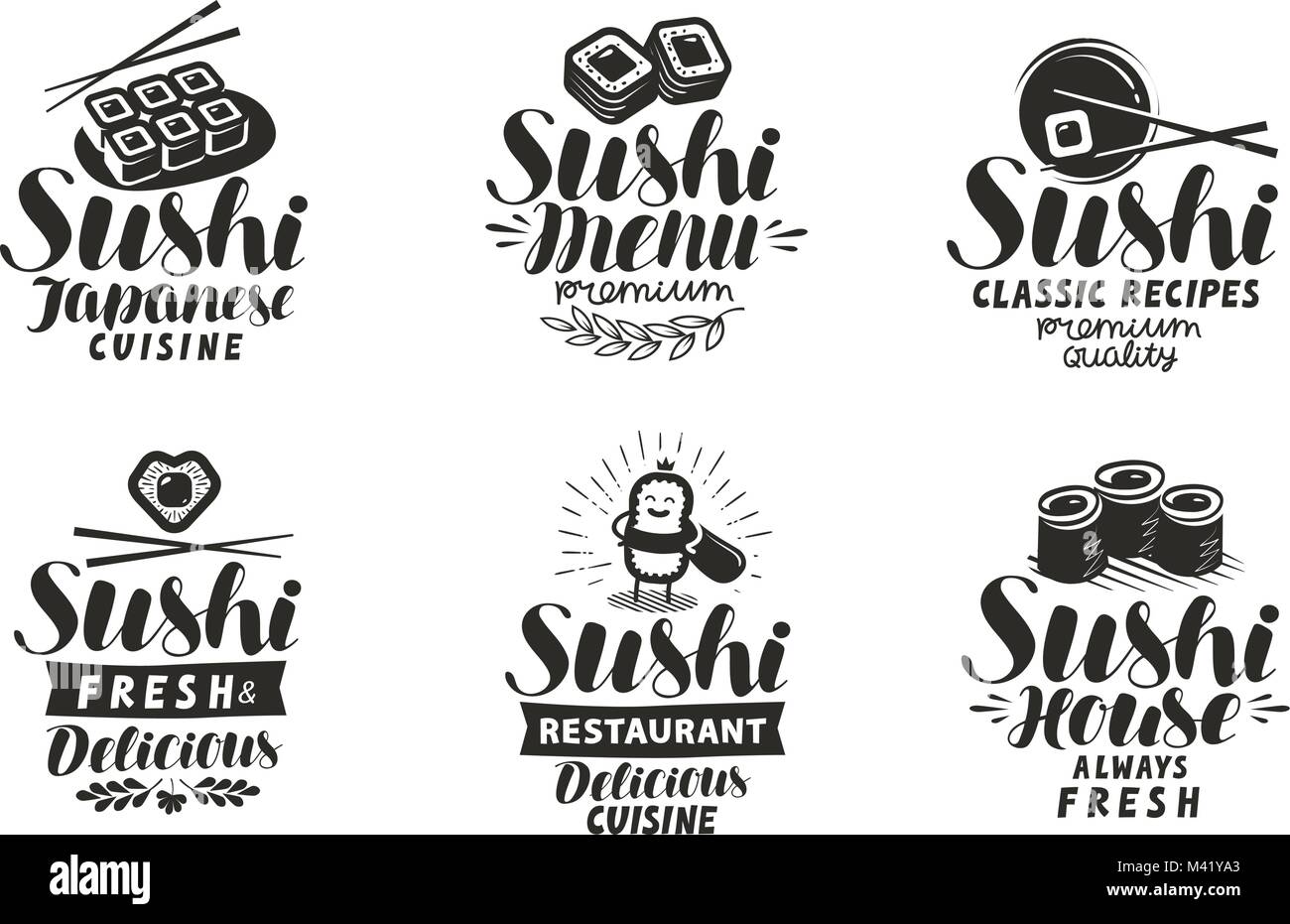 Sushi and Rolls logo or label. Japanese food set of symbols. Typographic design vector illustration Stock Vector
